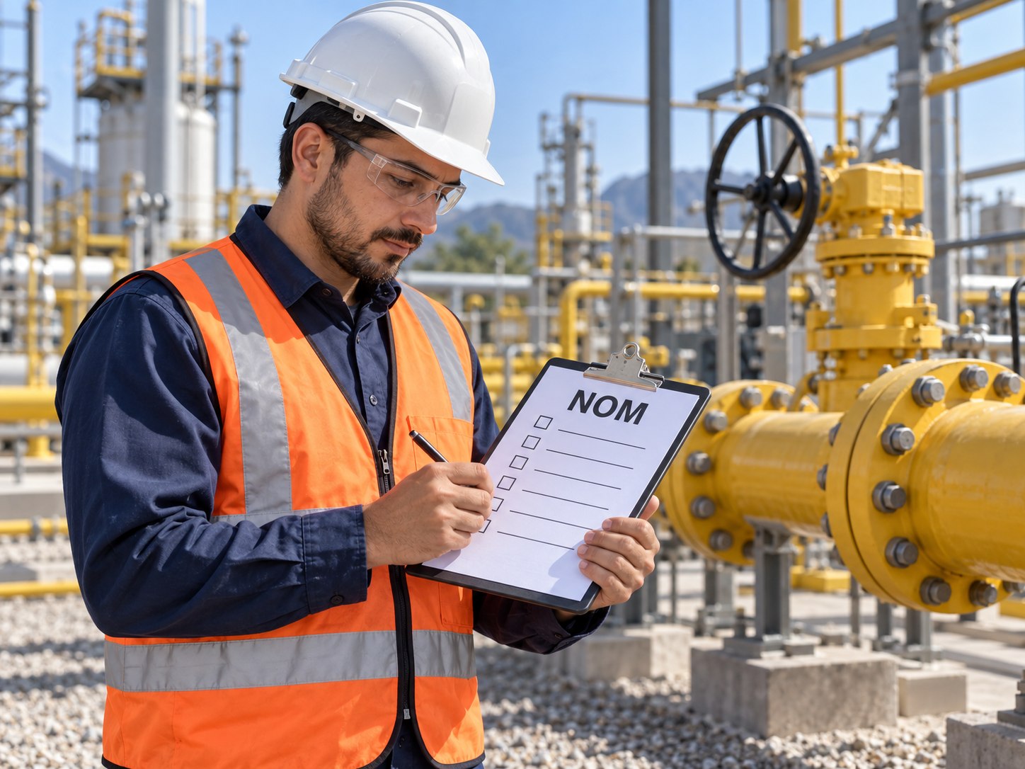 Ilustración de un ingeniero revisando una lista identificada con NOM.