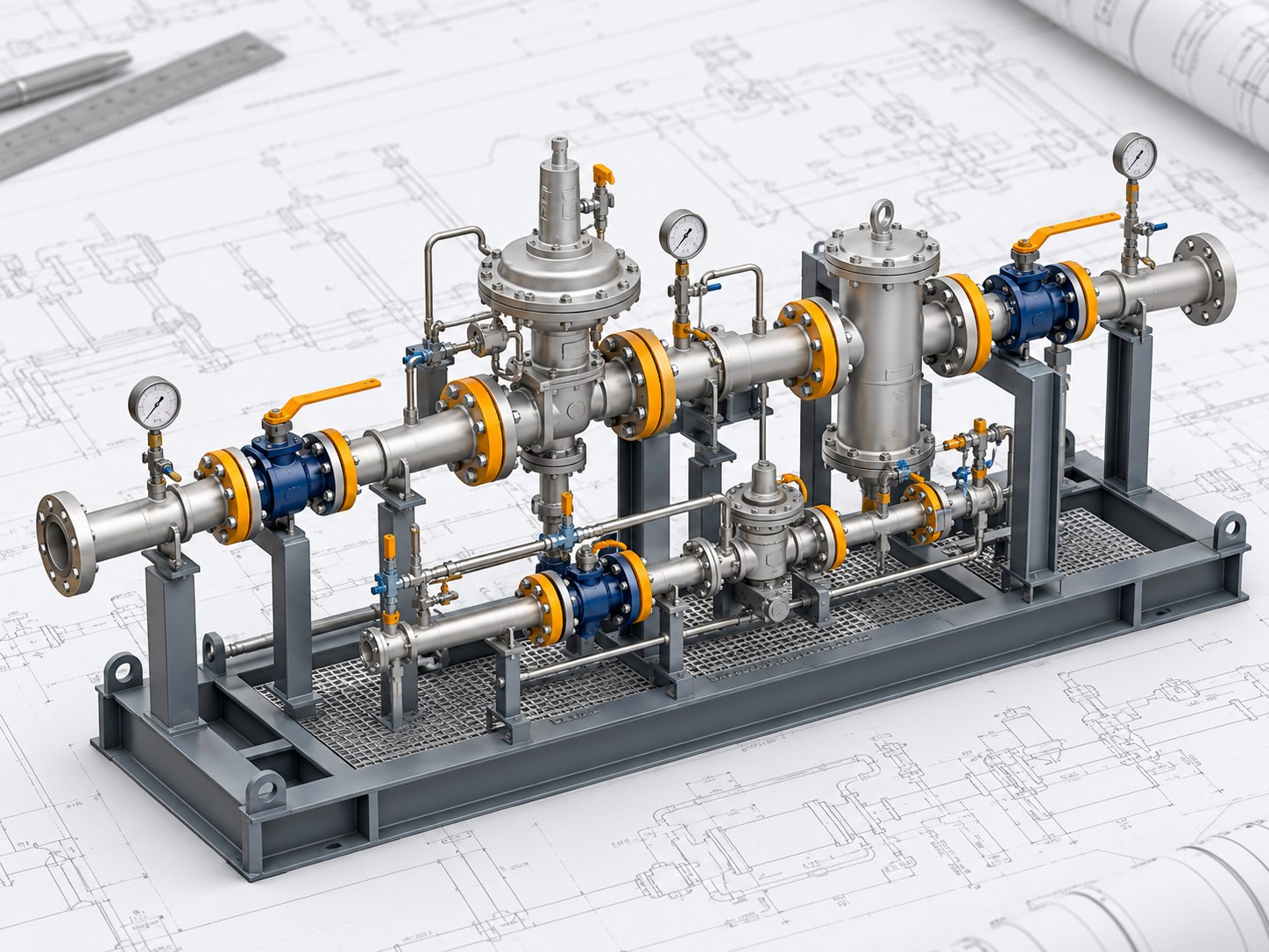 Render conceptual de un sistema de tuberías sobre planos.