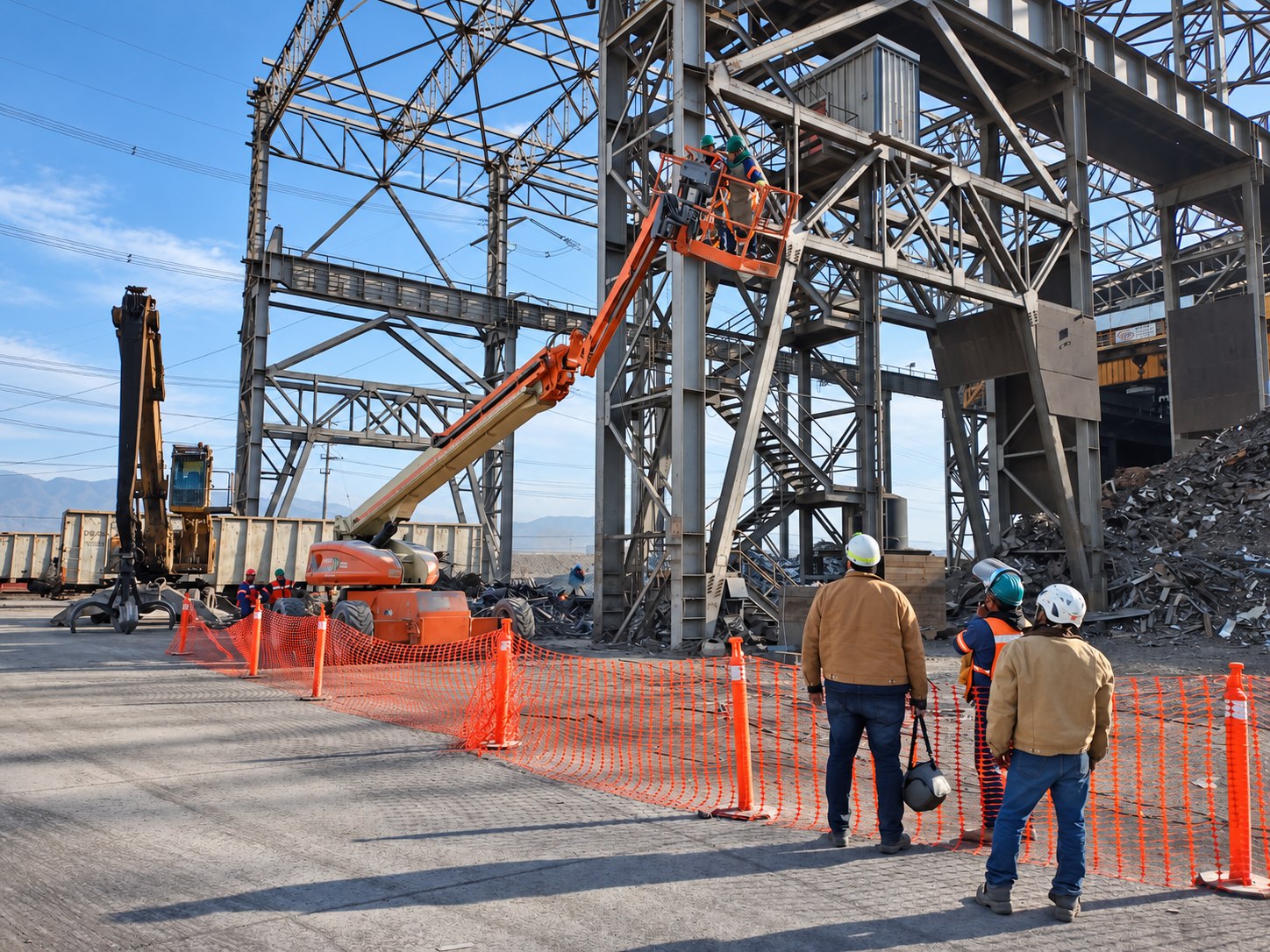 Personal y plataforma elevadora trabajando en una estructura industrial.
